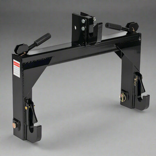 Quick hitch adapter for Category 1 tractors – black steel frame
Side view of 3-point hitch quick connector with spring locks
Heavy-duty tractor quick hitch for Category 1, 2, and 3 models