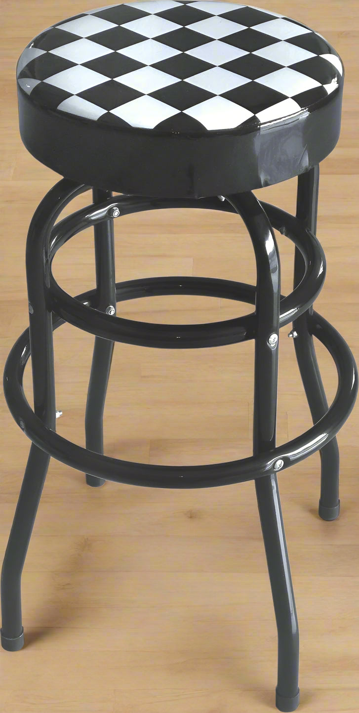 Checkered Swivel Bar & Shop Stool – Retro Red and Black Backless Stool with Round Seat and Twin Ring Base