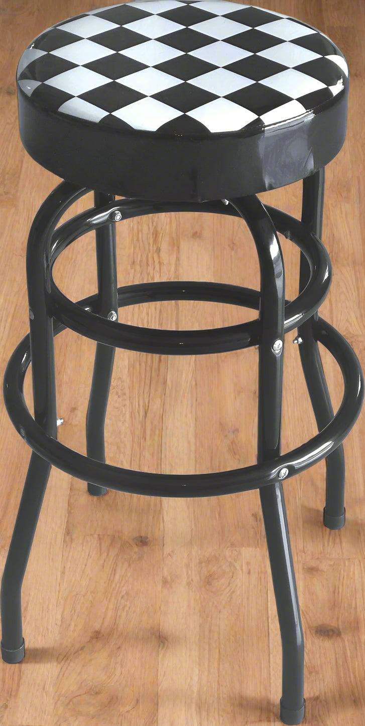 Checkered Swivel Bar & Shop Stool – Retro Red and Black Backless Stool with Round Seat and Twin Ring Base