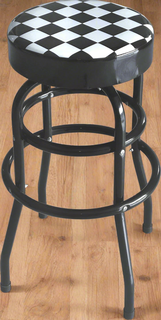 Checkered Swivel Bar & Shop Stool – Retro Red and Black Backless Stool with Round Seat and Twin Ring Base