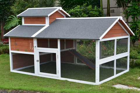 Large wooden chicken coop with waterproof roof and outdoor run for backyard poultry