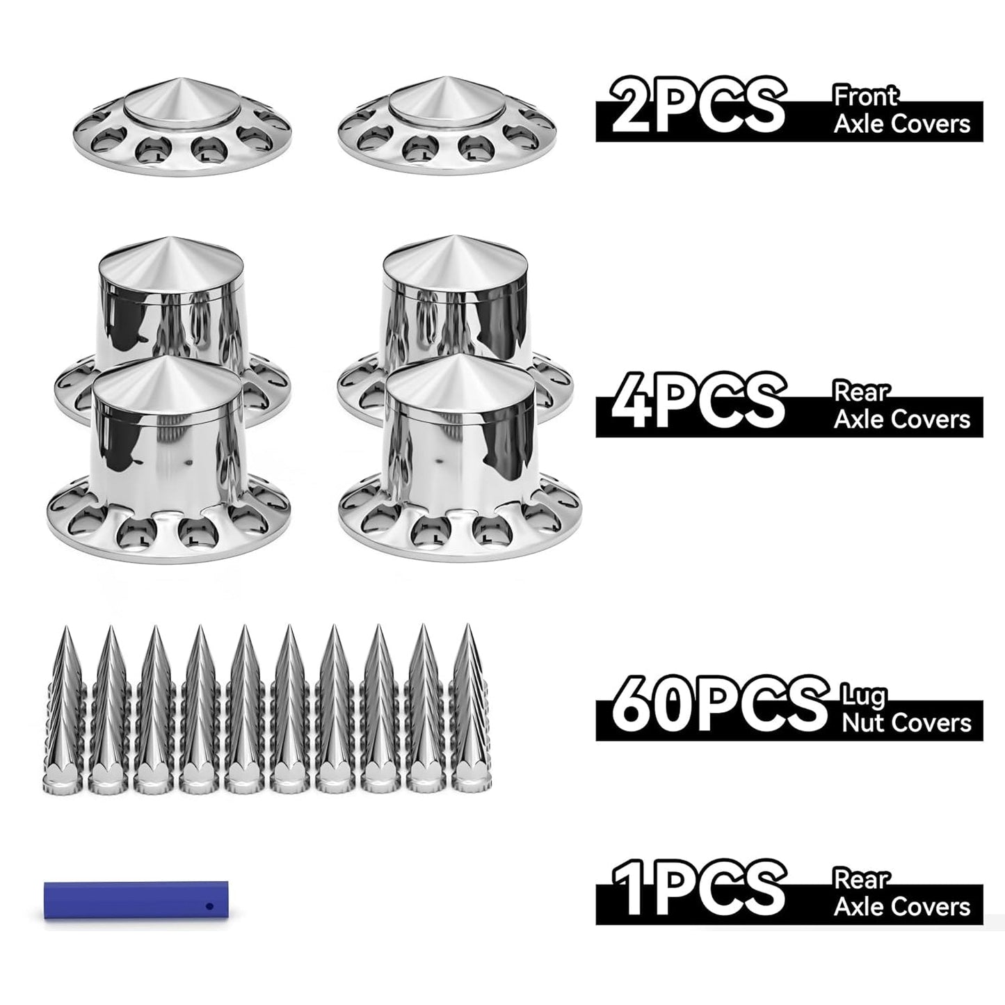 New Chrome Axle Cover Kit with Spiked 33mm Thread - On Nut Covers – Fits 22.5", 24.5" Semi Truck Wheels P250524 - with | Sold by Uncle Wiener's Wholesale