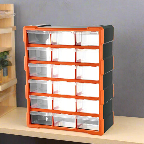 Clear drawer plastic tool box organizer with orange frame
Stackable parts storage bin for screws and fittings
Modular tool organizer with clear drawers and secure latch
Craft and DIY parts storage bin with removable dividers
Connectable plastic drawer organizer for hardware and beads
