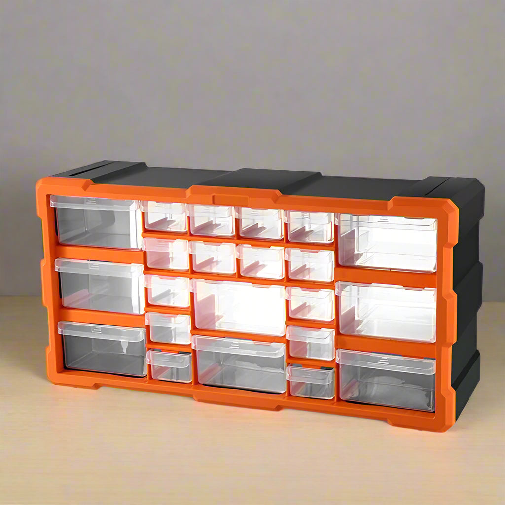 Clear drawer plastic tool box organizer with orange frame
Stackable parts storage bin for screws and fittings
Modular tool organizer with clear drawers and secure latch
Craft and DIY parts storage bin with removable dividers
Connectable plastic drawer organizer for hardware and beads
