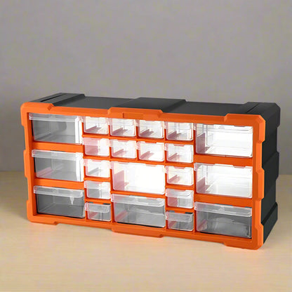 Clear drawer plastic tool box organizer with orange frame
Stackable parts storage bin for screws and fittings
Modular tool organizer with clear drawers and secure latch
Craft and DIY parts storage bin with removable dividers
Connectable plastic drawer organizer for hardware and beads