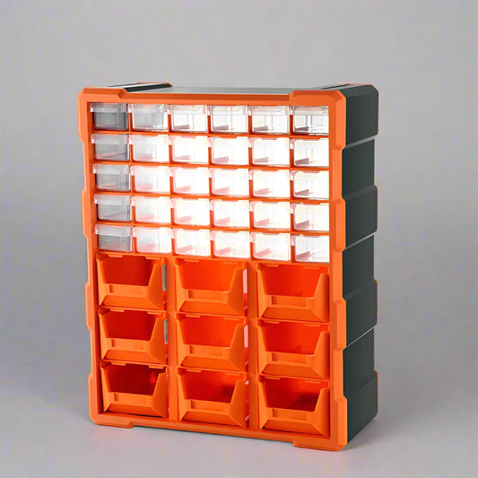 Clear drawer plastic tool box organizer with orange frame
Stackable parts storage bin for screws and fittings
Modular tool organizer with clear drawers and secure latch
Craft and DIY parts storage bin with removable dividers
Connectable plastic drawer organizer for hardware and beads