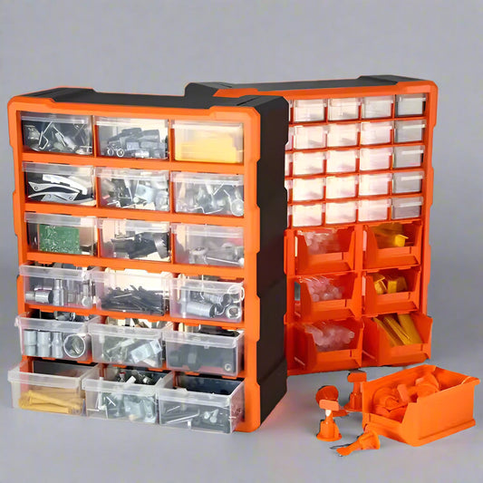Clear drawer plastic tool box organizer with orange frame
Stackable parts storage bin for screws and fittings
Modular tool organizer with clear drawers and secure latch
Craft and DIY parts storage bin with removable dividers
Connectable plastic drawer organizer for hardware and beads