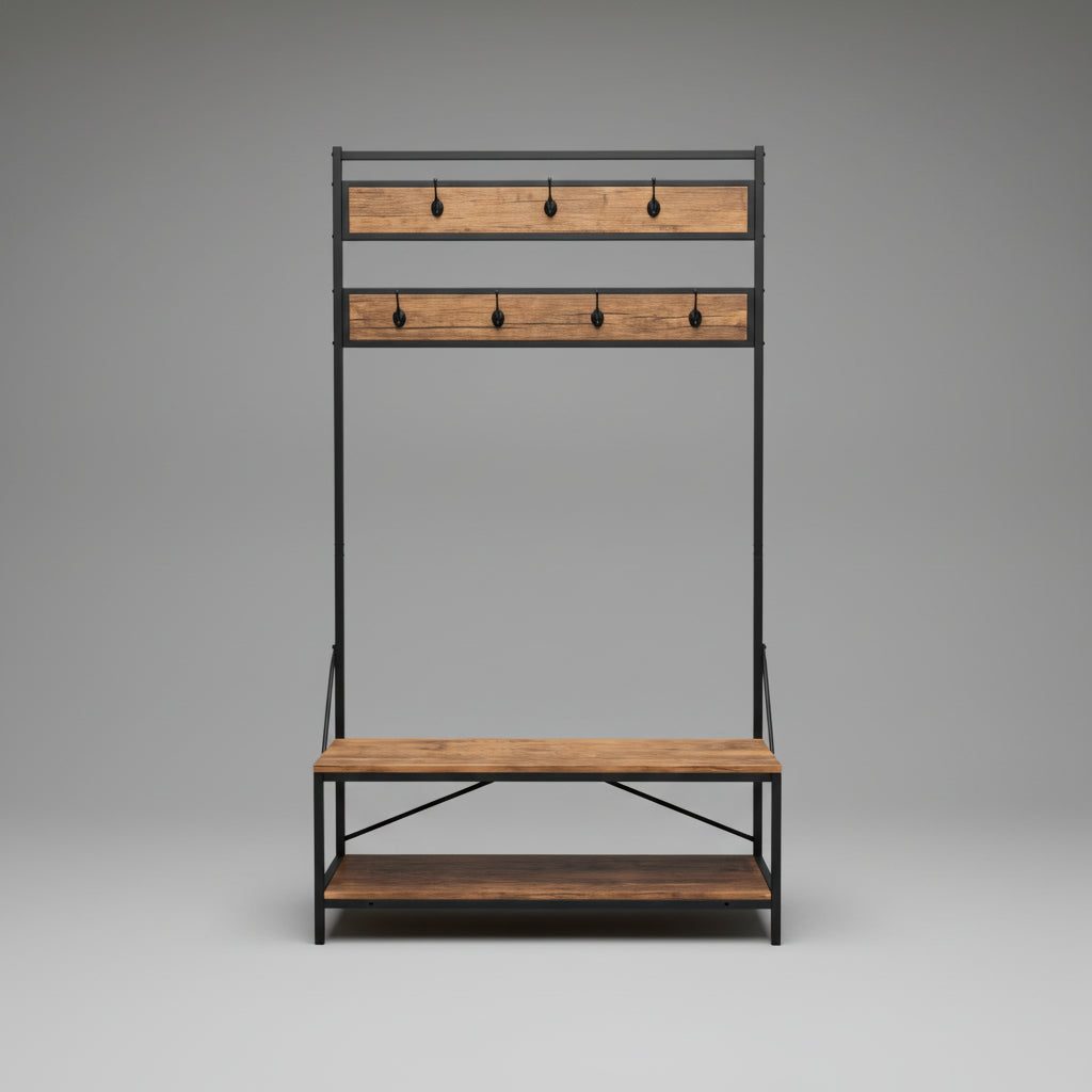 New Coat Rack with Shoe Bench – Entryway Storage Shelf Organizer with Hooks & Tiered Shoe Rack RSB66S - with BROWN RSB66S | Sold by Uncle Wiener's Wholesale