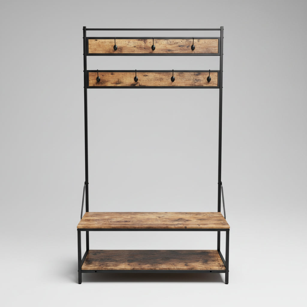 New Coat Rack with Shoe Bench – Entryway Storage Shelf Organizer with Hooks & Tiered Shoe Rack RSB66S - with BROWN RSB66S | Sold by Uncle Wiener's Wholesale