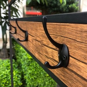 Entryway coat rack with shoe bench and storage shelf – rustic finish
5-tier freestanding organizer with hooks, bench, and metal frame