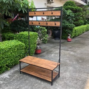 Entryway coat rack with shoe bench and storage shelf – rustic finish
5-tier freestanding organizer with hooks, bench, and metal frame