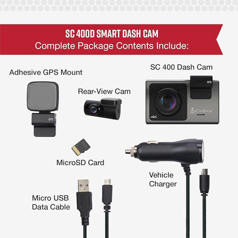 Cobra SC 400D dash cam front and rear view camera system
Cobra SC 400D product packaging with included accessories
Close-up of the 3” OLED touchscreen display
Rear camera module mounted on windshield