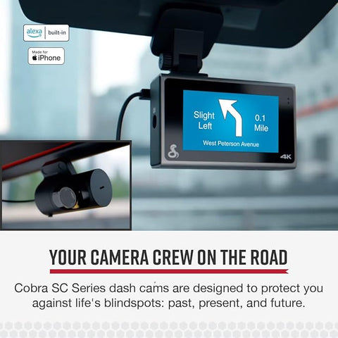 Cobra SC 400D dash cam front and rear view camera system
Cobra SC 400D product packaging with included accessories
Close-up of the 3” OLED touchscreen display
Rear camera module mounted on windshield