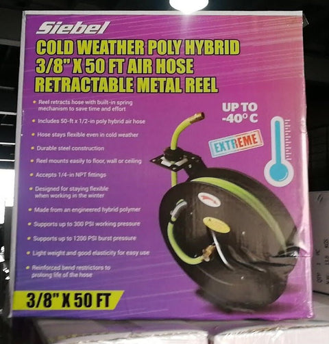 50 FT Cold Weather Hybrid Air Hose Reel – 300 PSI Retractable Steel-Mounted Hose Reel