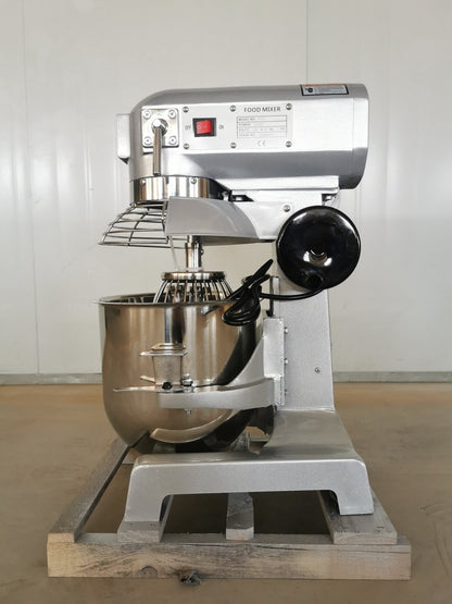 15 QT commercial dough mixer on stainless steel counter

Stainless steel mixing bowl with guard closed

Front view of food-grade commercial mixer with attachments

Dough hook installed on industrial kitchen mixer