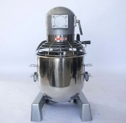 15 QT commercial dough mixer on stainless steel counter

Stainless steel mixing bowl with guard closed

Front view of food-grade commercial mixer with attachments

Dough hook installed on industrial kitchen mixer