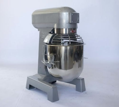 15 QT commercial dough mixer on stainless steel counter

Stainless steel mixing bowl with guard closed

Front view of food-grade commercial mixer with attachments

Dough hook installed on industrial kitchen mixer