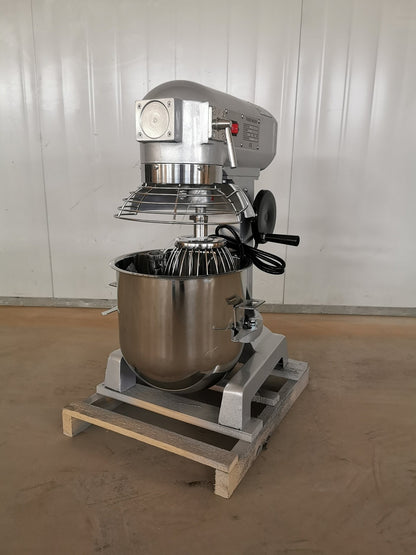 15 QT commercial dough mixer on stainless steel counter

Stainless steel mixing bowl with guard closed

Front view of food-grade commercial mixer with attachments

Dough hook installed on industrial kitchen mixer