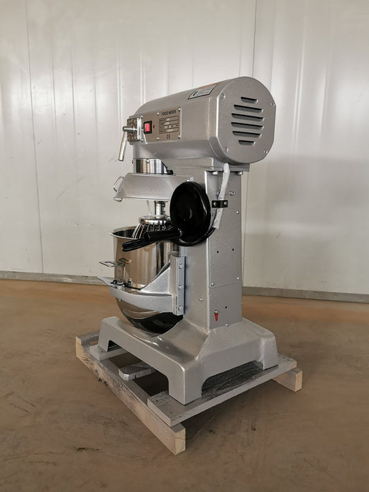 15 QT commercial dough mixer on stainless steel counter

Stainless steel mixing bowl with guard closed

Front view of food-grade commercial mixer with attachments

Dough hook installed on industrial kitchen mixer