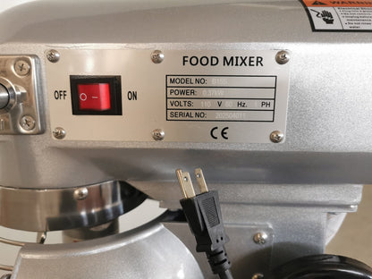 15 QT commercial dough mixer on stainless steel counter

Stainless steel mixing bowl with guard closed

Front view of food-grade commercial mixer with attachments

Dough hook installed on industrial kitchen mixer