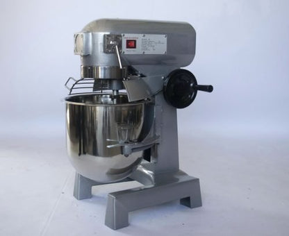 15 QT commercial dough mixer on stainless steel counter

Stainless steel mixing bowl with guard closed

Front view of food-grade commercial mixer with attachments

Dough hook installed on industrial kitchen mixer