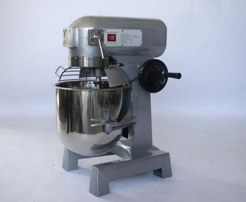 15 QT commercial dough mixer on stainless steel counter

Stainless steel mixing bowl with guard closed

Front view of food-grade commercial mixer with attachments

Dough hook installed on industrial kitchen mixer