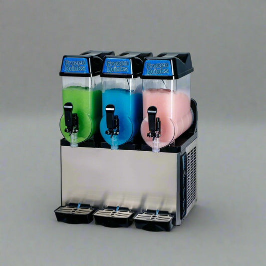 • “Triple tank commercial slush drink machine – 36L capacity”
• “Frozen drink dispenser with LED top lighting”
• “Side view of commercial slush machine in stainless steel finish”
• “24L double tank slush drink machine for bars and cafés”
• “Embraco-powered commercial frozen drink machine”
