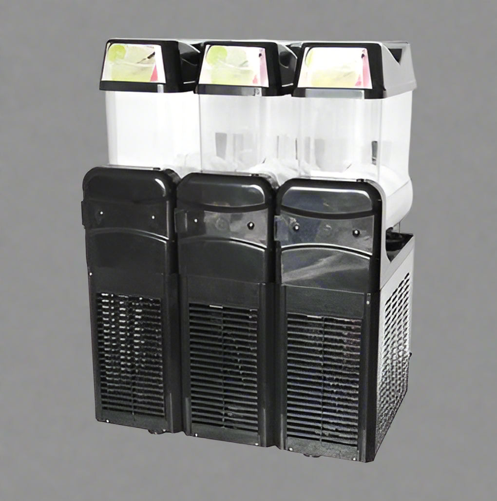 • “Triple tank commercial slush drink machine – 36L capacity”
• “Frozen drink dispenser with LED top lighting”
• “Side view of commercial slush machine in stainless steel finish”
• “24L double tank slush drink machine for bars and cafés”
• “Embraco-powered commercial frozen drink machine”