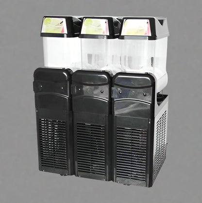 • “Triple tank commercial slush drink machine – 36L capacity”
• “Frozen drink dispenser with LED top lighting”
• “Side view of commercial slush machine in stainless steel finish”
• “24L double tank slush drink machine for bars and cafés”
• “Embraco-powered commercial frozen drink machine”