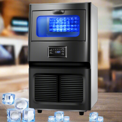Commercial Ice Maker with LCD Display for Restaurant Use
High-Capacity Ice Cube Machine Producing 66 LBS per Day
Crystal-Clear Ice Cubes from Commercial Ice Maker
Front View of Clear Ice Maker Machine for Bars
Stainless Steel Ice Machine for Café or Restaurant Use