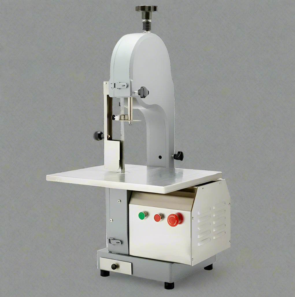 Main view of stainless steel meat and bone cutting saw machine

Compact commercial meat saw for kitchen or butcher use

Electric bone saw with sliding tray and safety guard

Replacement blade for commercial bone saw machine

Close-up of saw handle and stainless construction