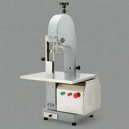 Main view of stainless steel meat and bone cutting saw machine

Compact commercial meat saw for kitchen or butcher use

Electric bone saw with sliding tray and safety guard

Replacement blade for commercial bone saw machine

Close-up of saw handle and stainless construction