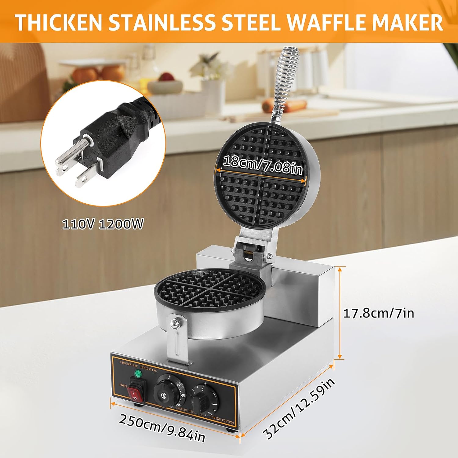Commercial stainless steel waffle maker with temperature controls

Close-up of waffle iron non-stick cooking plate

Waffle maker showing adjustable timer and knob

Fresh waffles on commercial waffle iron

Stainless steel body with heat-resistant handle