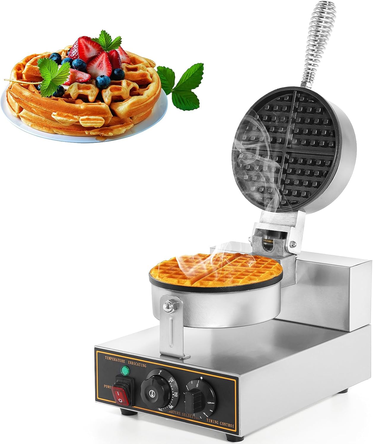 Commercial stainless steel waffle maker with temperature controls

Close-up of waffle iron non-stick cooking plate

Waffle maker showing adjustable timer and knob

Fresh waffles on commercial waffle iron

Stainless steel body with heat-resistant handle