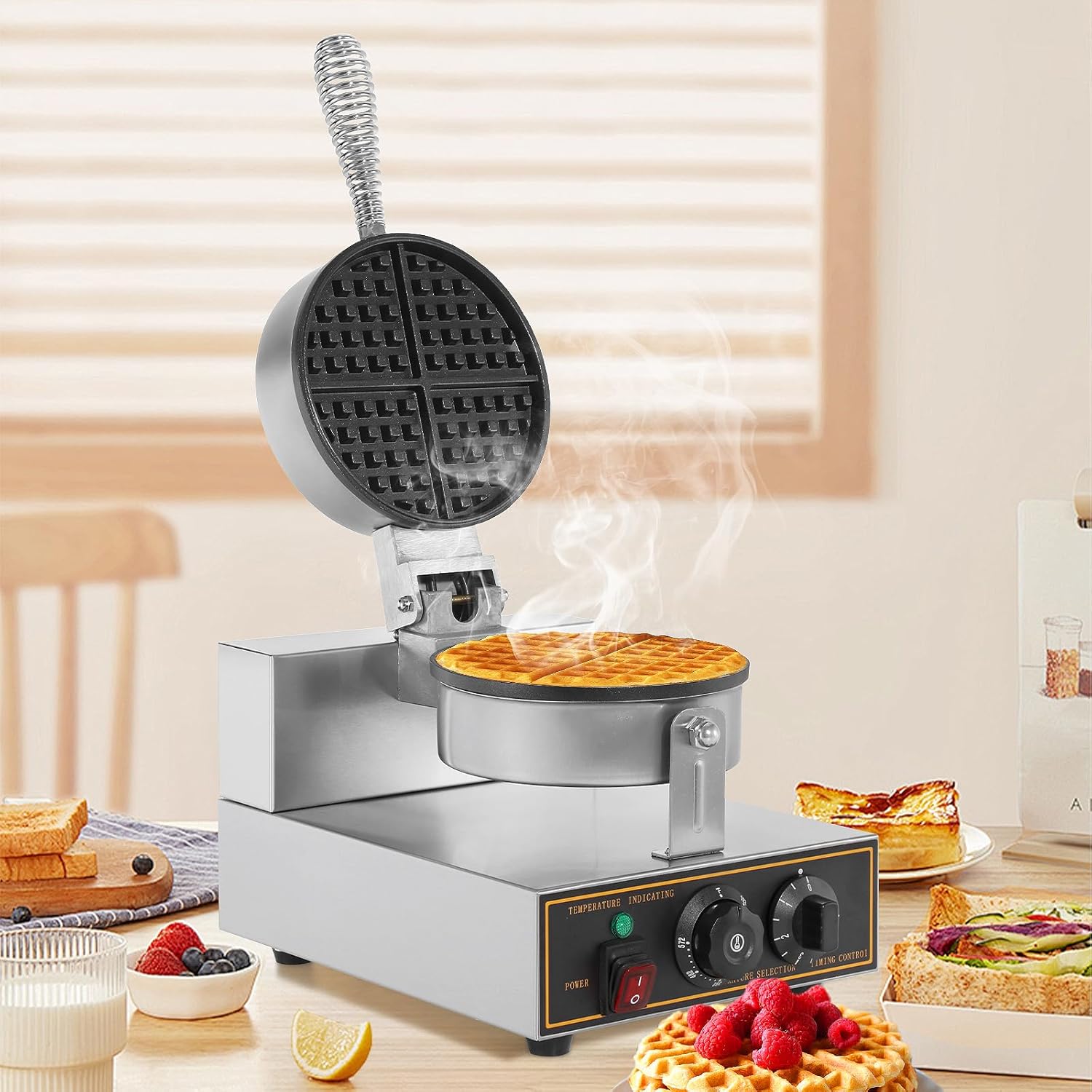 Commercial stainless steel waffle maker with temperature controls

Close-up of waffle iron non-stick cooking plate

Waffle maker showing adjustable timer and knob

Fresh waffles on commercial waffle iron

Stainless steel body with heat-resistant handle