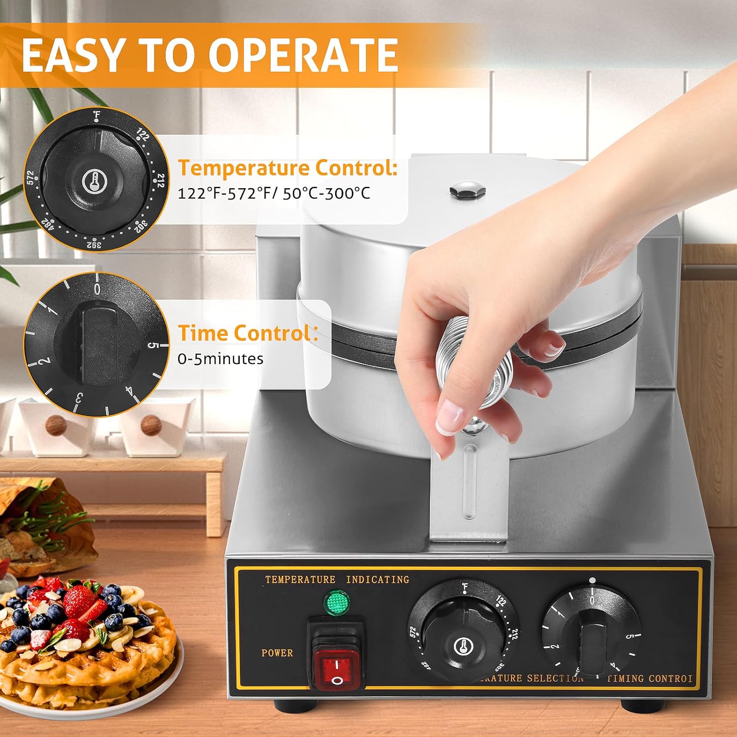 Commercial stainless steel waffle maker with temperature controls

Close-up of waffle iron non-stick cooking plate

Waffle maker showing adjustable timer and knob

Fresh waffles on commercial waffle iron

Stainless steel body with heat-resistant handle