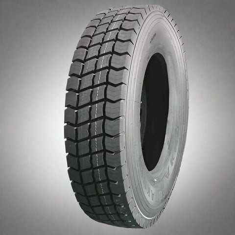 Heavy-duty radial semi-truck tire close-up
