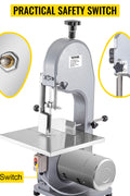 750W Commercial Stainless Steel Meat & Bone Saw – Front View
Cutting pork and ribs with BR0741 Meat Saw
Adjustable cutting thickness workbench with measurement scale
Stainless blade and food-safe housing details