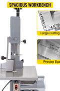 750W Commercial Stainless Steel Meat & Bone Saw – Front View
Cutting pork and ribs with BR0741 Meat Saw
Adjustable cutting thickness workbench with measurement scale
Stainless blade and food-safe housing details