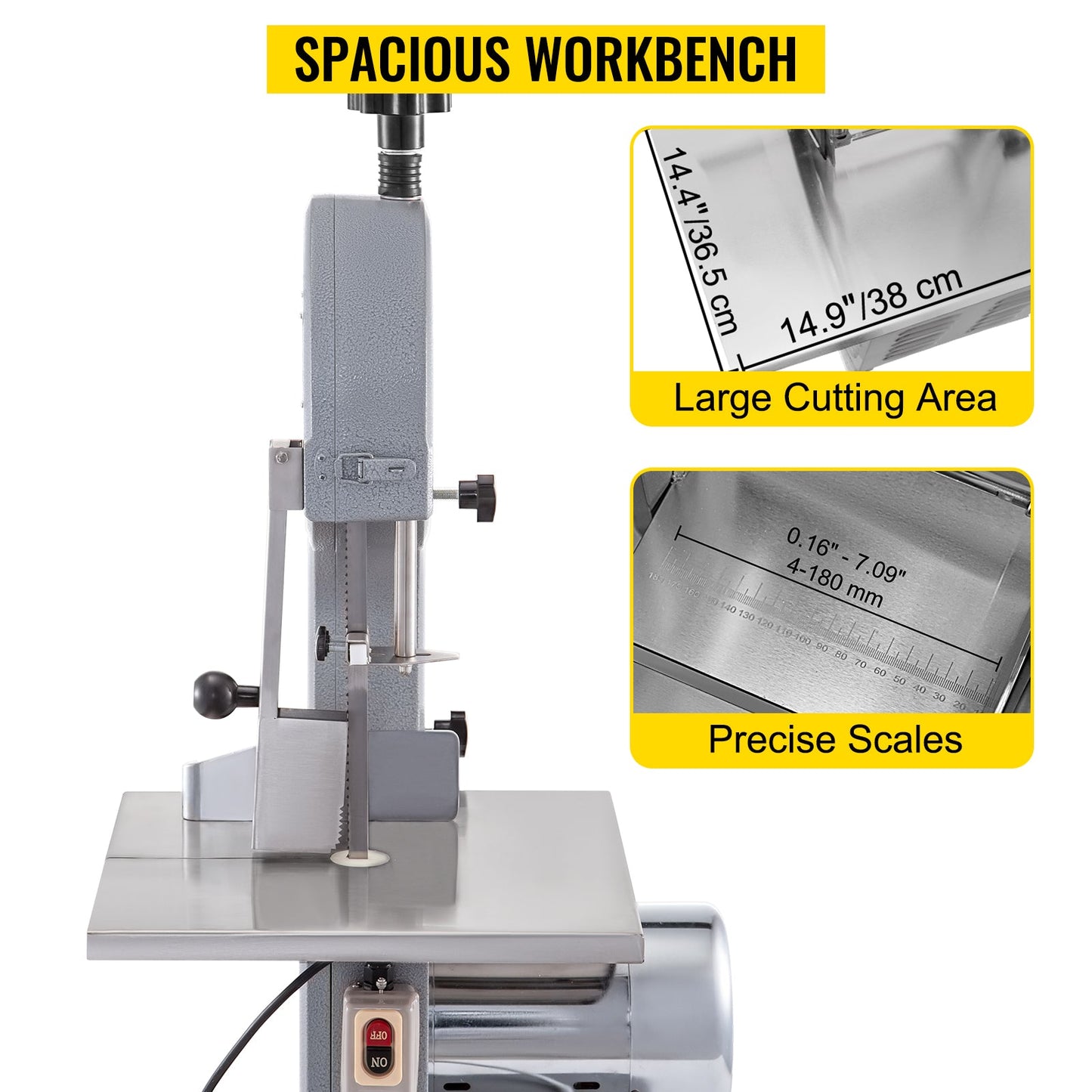 750W Commercial Stainless Steel Meat & Bone Saw – Front View
Cutting pork and ribs with BR0741 Meat Saw
Adjustable cutting thickness workbench with measurement scale
Stainless blade and food-safe housing details