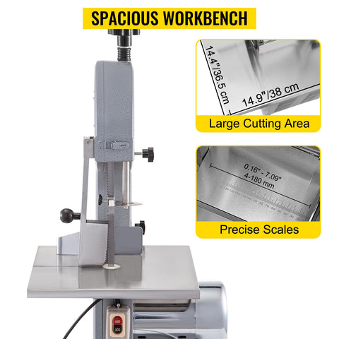 750W Commercial Stainless Steel Meat & Bone Saw – Front View
Cutting pork and ribs with BR0741 Meat Saw
Adjustable cutting thickness workbench with measurement scale
Stainless blade and food-safe housing details