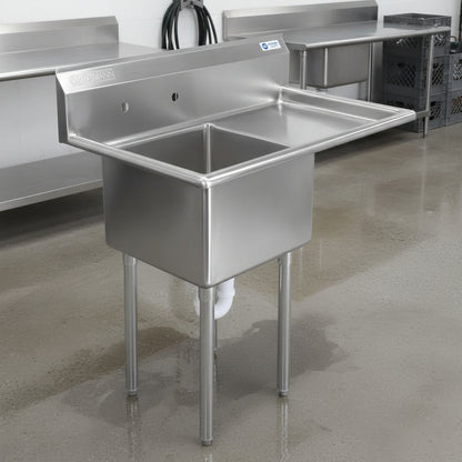 Front view of 39" commercial stainless steel sink
Stainless steel sink with drainboard (right side model)
Utility sink for restaurant or commercial use