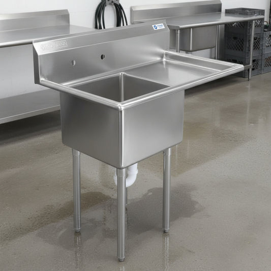 Front view of 39" commercial stainless steel sink
Stainless steel sink with drainboard (right side model)
Utility sink for restaurant or commercial use