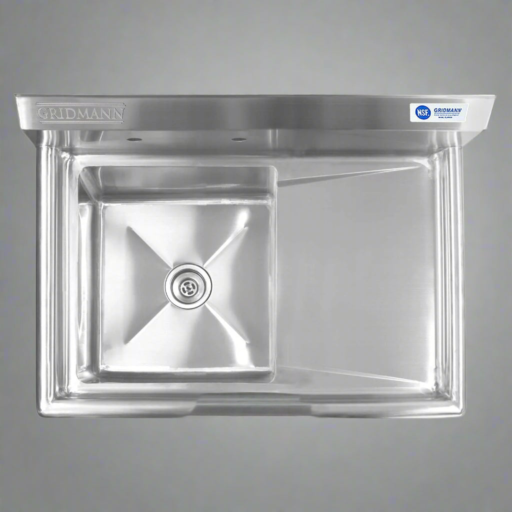 Front view of 39" commercial stainless steel sink
Stainless steel sink with drainboard (right side model)
Utility sink for restaurant or commercial use