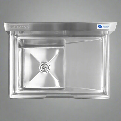 Front view of 39" commercial stainless steel sink
Stainless steel sink with drainboard (right side model)
Utility sink for restaurant or commercial use