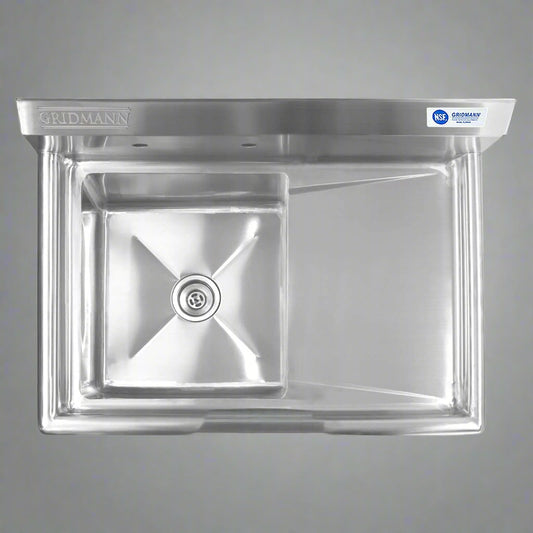Front view of 39" commercial stainless steel sink
Stainless steel sink with drainboard (right side model)
Utility sink for restaurant or commercial use