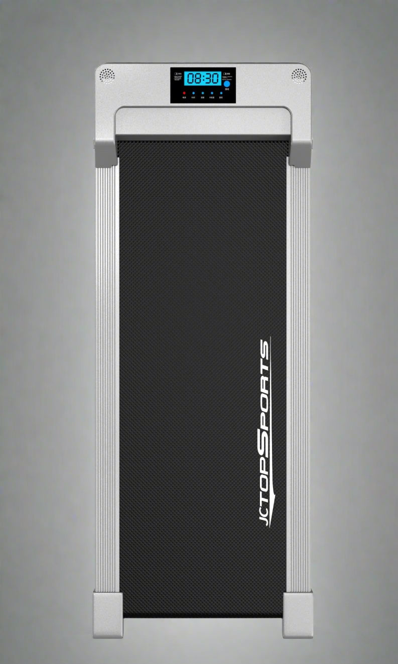 Compact treadmill side profile on white background

Folded treadmill vertical storage view

Slim treadmill for small spaces

LCD display on JC390 treadmill

Home use compact treadmill on floor