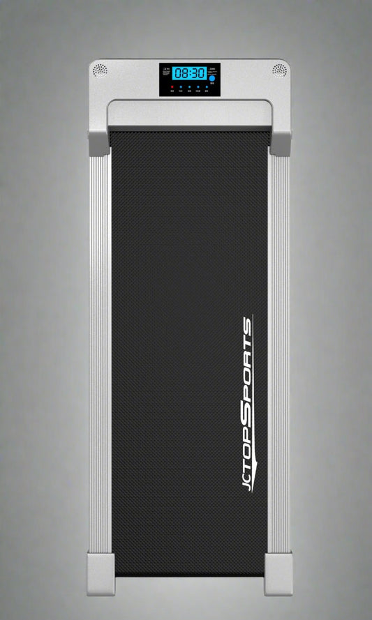 Compact treadmill side profile on white background

Folded treadmill vertical storage view

Slim treadmill for small spaces

LCD display on JC390 treadmill

Home use compact treadmill on floor