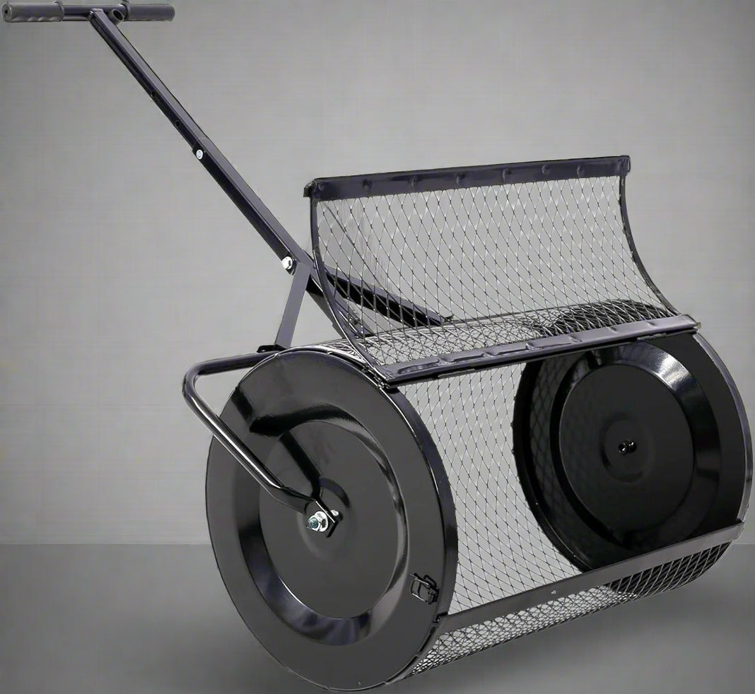 Heavy-duty compost and peat moss lawn spreader with rolling mesh drum
Topdressing broadcast roller for garden and turf care
24-inch steel mesh drum lawn spreader with double latch
Lawn care tool for compost, manure, and peat moss spreading