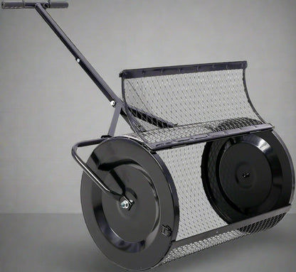 Heavy-duty compost and peat moss lawn spreader with rolling mesh drum
Topdressing broadcast roller for garden and turf care
24-inch steel mesh drum lawn spreader with double latch
Lawn care tool for compost, manure, and peat moss spreading